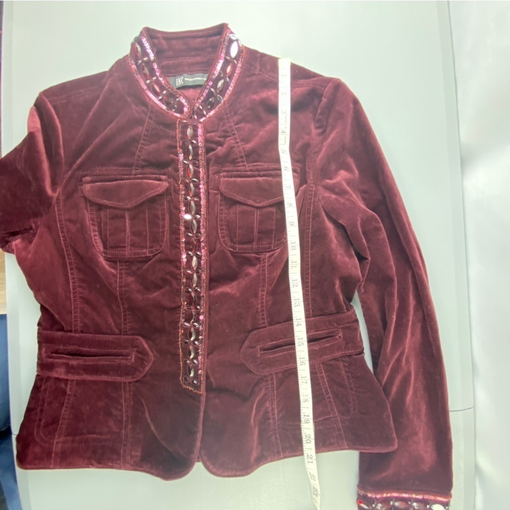INC International Concepts Burgundy Maroon Velour Jeweled Jacket wms sz M - Picture 8 of 10